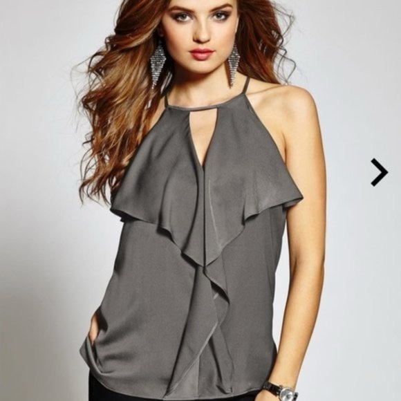 Guess Gray Chiffon Sleeveless Juliet Flounce Keyhole Satin Blouse Ruffle Date S - Picture 1 of 10